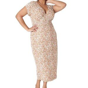 Lane Bryant Womens Floral Print Midi Dress V-Neck Short Sleeve Smocked Waist Siz